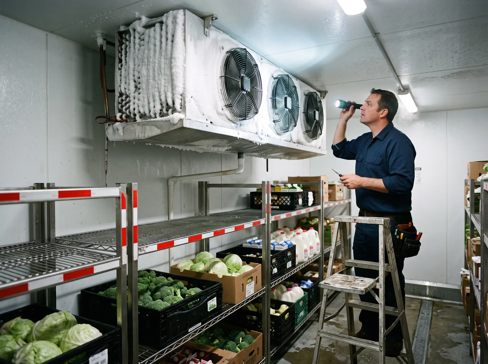 Technician inspecting ice buildup on a walk-in cooler evaporator coil