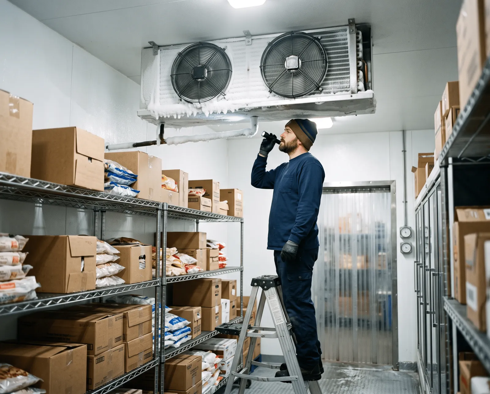Technician inspecting frost buildup on a walk-in freezer evaporator coil