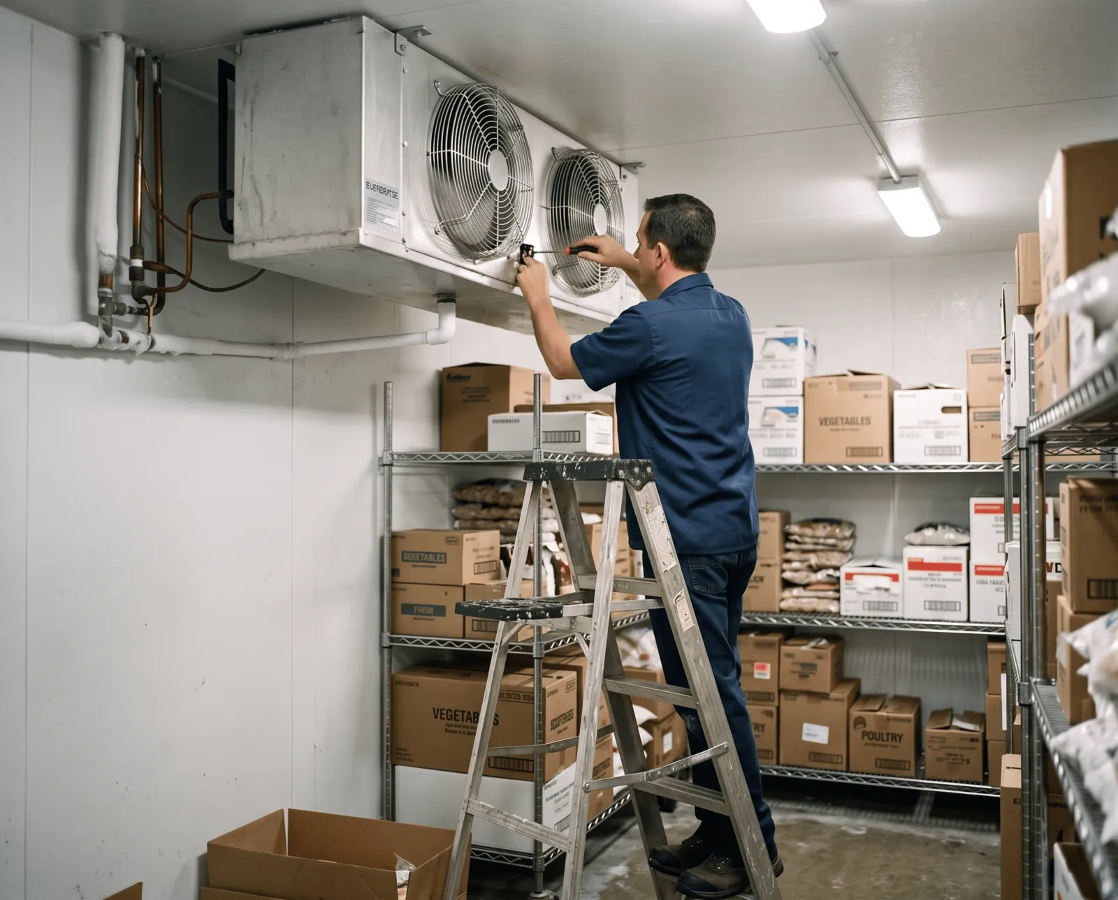 Technician checking a walk-in freezer evaporator fan during preventive maintenance