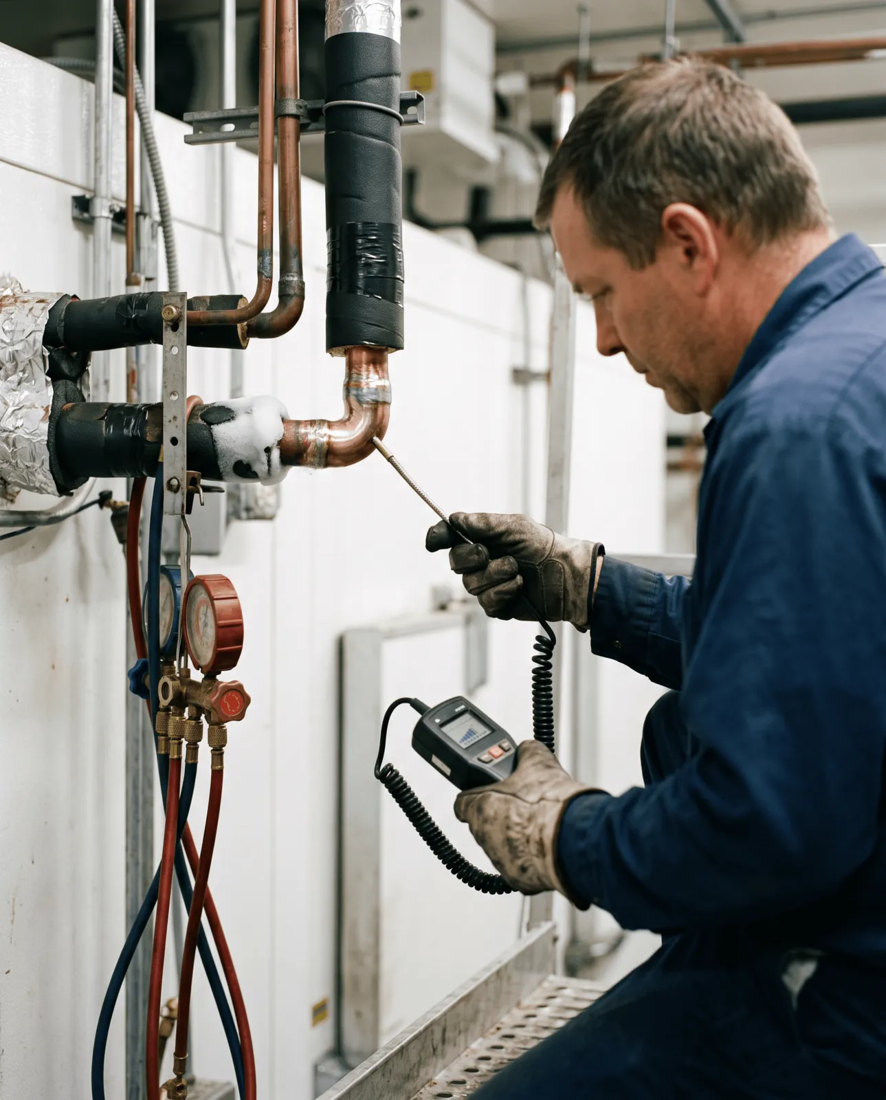 Technician checking walk-in freezer refrigerant lines with an electronic leak detector