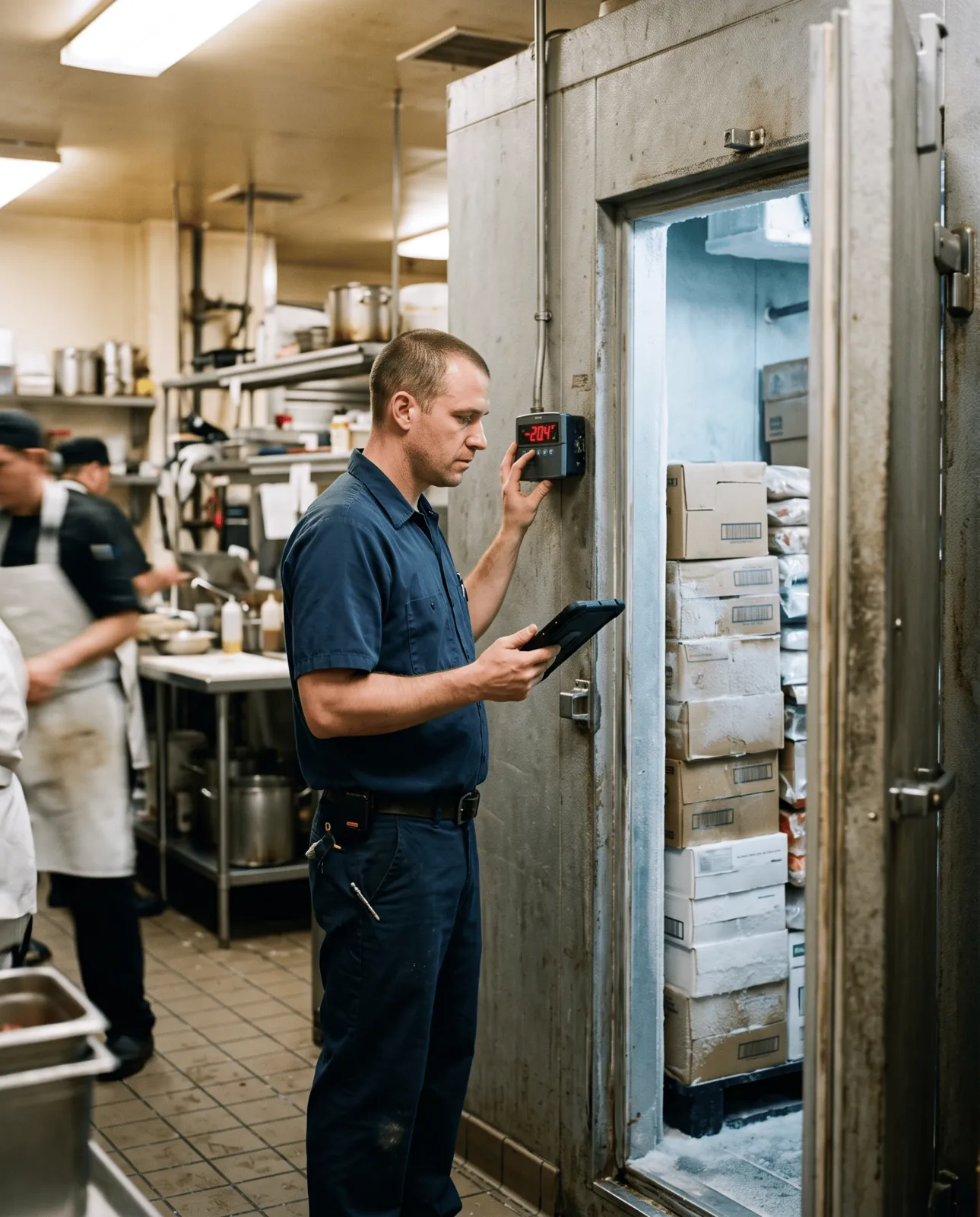 Technician checking a walk-in freezer temperature controller
