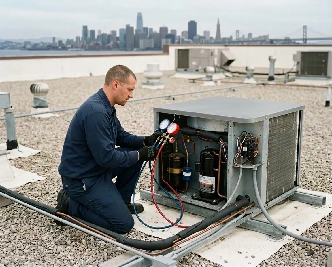Technician checking refrigerant pressures on a rooftop walk-in freezer condensing unit with the San Francisco skyline behind